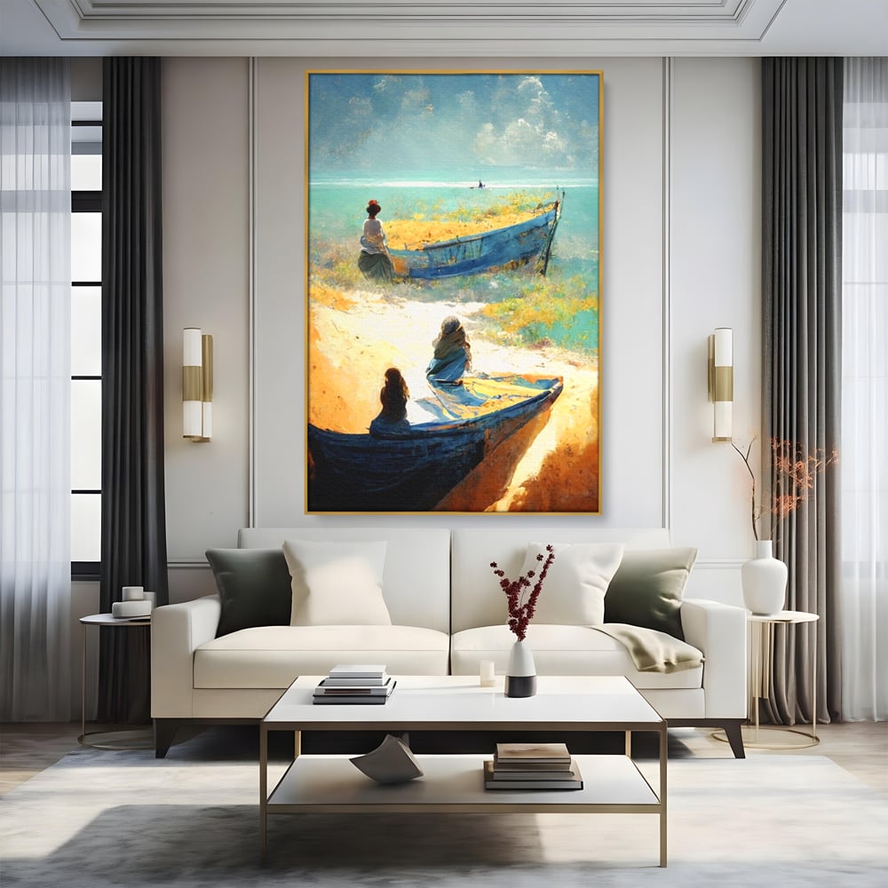 Tablou canvas cu tablou canvas cu femei pe plaja si barci, in rama de aluminiu auriu, pe perete intr-un living